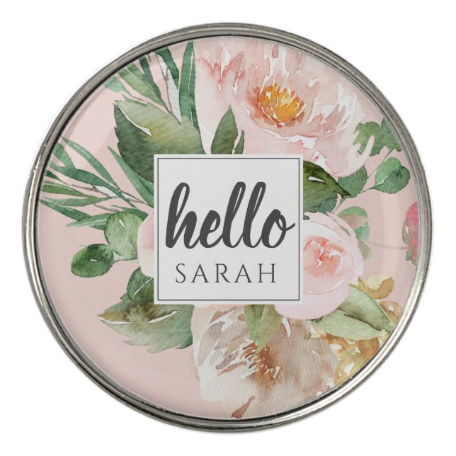 Modern Watercolor Pink Flowers & Hello & Name Golf Ball Marker (Front)