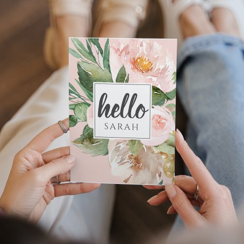 Modern Watercolor Pink Flowers  Hello  Name Holiday Card
