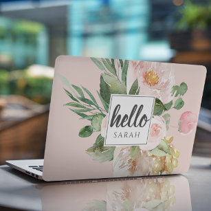 Modern Watercolor Pink Flowers & Hello & Name HP Laptop Skin