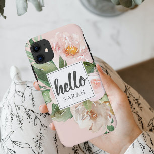 Modern Watercolor Pink Flowers & Hello & Name iPhone 17 Case