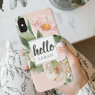 Modern Watercolor Pink Flowers & Hello & Name iPhone 17 Pro Max Case
