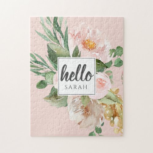 Modern Watercolor Pink Flowers  Hello  Name Jigsaw Puzzle