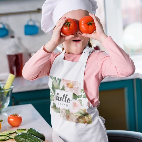 Modern Watercolor Pink Flowers  Hello  Name Kids Apron