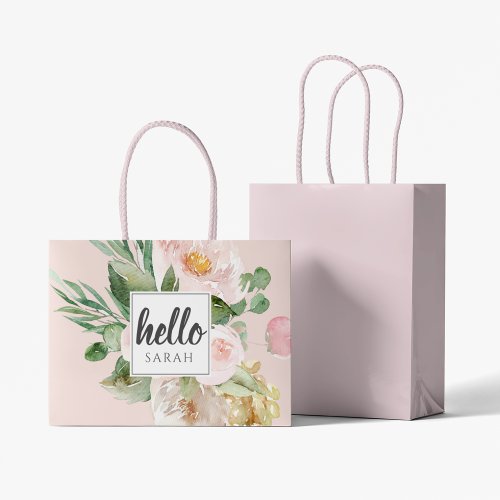 Modern Watercolor Pink Flowers  Hello  Name Large Gift Bag