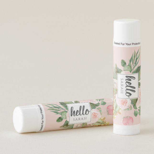 Modern Watercolor Pink Flowers & Hello & Name Lip Balm (Front)