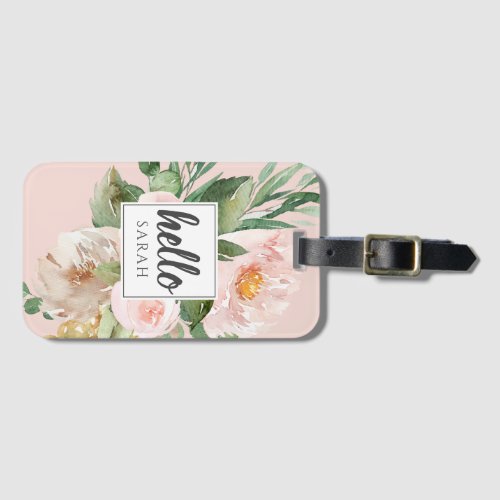 Modern Watercolor Pink Flowers  Hello  Name Luggage Tag