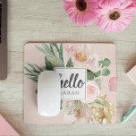 Modern Watercolor Pink Flowers & Hello & Name Mouse Pad<br><div class="desc">Modern Watercolor Pink Flowers & Hello & Name</div>