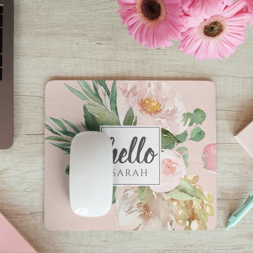 Modern Watercolor Pink Flowers  Hello  Name Mouse Pad
