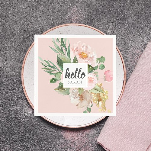 Modern Watercolor Pink Flowers  Hello  Name Napkins
