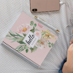 Modern Watercolor Pink Flowers &amp; Hello &amp; Name Notebook