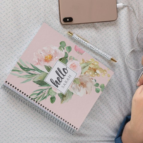 Modern Watercolor Pink Flowers  Hello  Name Notebook