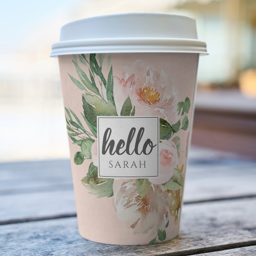 Modern Watercolor Pink Flowers  Hello  Name Paper Cups