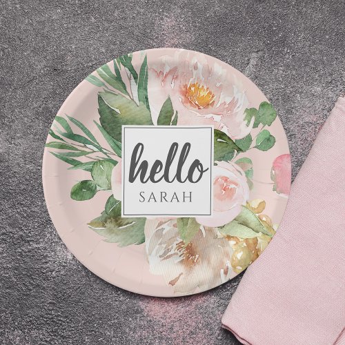 Modern Watercolor Pink Flowers  Hello  Name Paper Plates