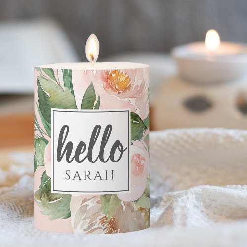 Modern Watercolor Pink Flowers  Hello  Name Pillar Candle