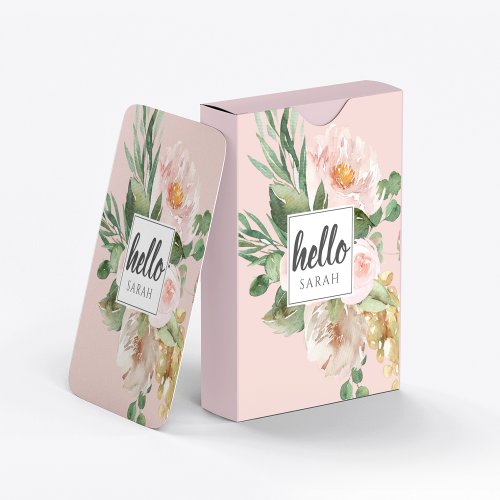 Modern Watercolor Pink Flowers  Hello  Name Poker Cards