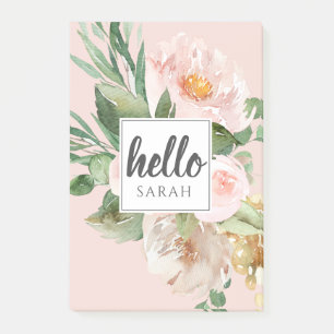 Modern Watercolor Pink Flowers & Hello & Name Post-it Notes