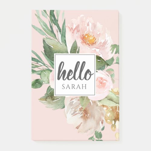 Modern Watercolor Pink Flowers  Hello  Name Post_it Notes