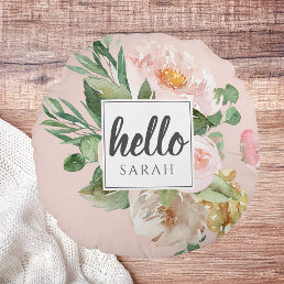 Modern Watercolor Pink Flowers &amp; Hello &amp; Name Round Pillow