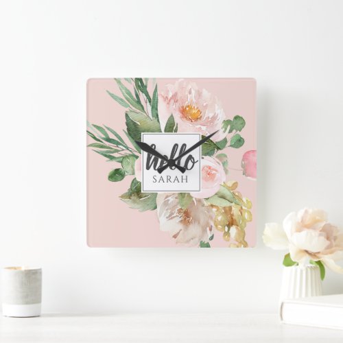 Modern Watercolor Pink Flowers  Hello  Name Square Wall Clock
