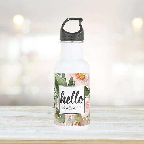 Modern Watercolor Pink Flowers  Hello  Name Stainless Steel Water Bottle