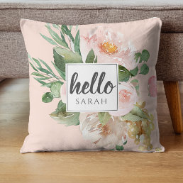 Modern Watercolor Pink Flowers &amp; Hello &amp; Name Throw Pillow