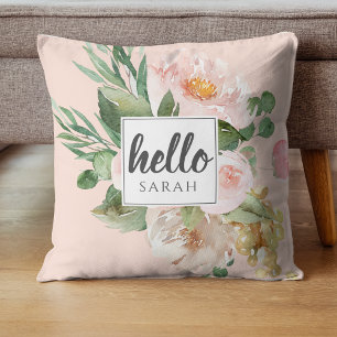Modern Watercolor Pink Flowers & Hello & Name Throw Pillow