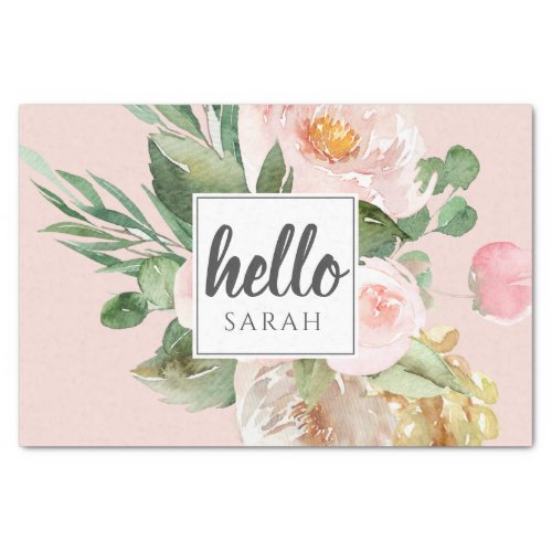 Modern Watercolor Pink Flowers  Hello  Name Tissue Paper