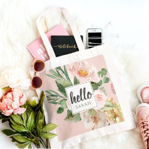 Modern Watercolor Pink Flowers & Hello & Name Tote Bag