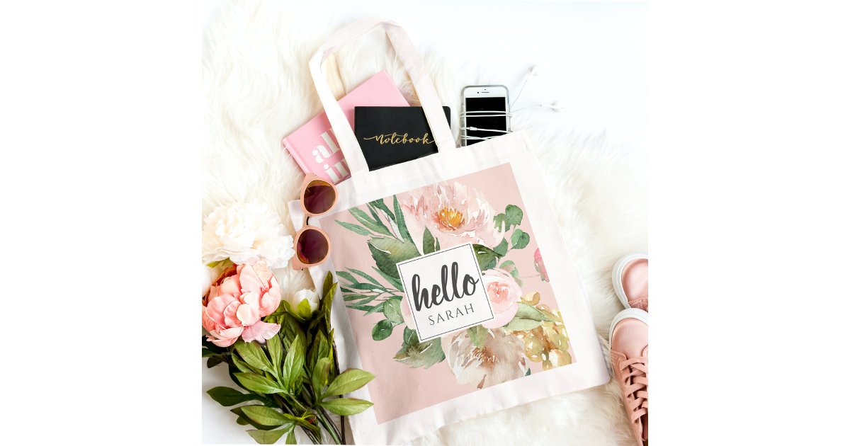Modern Watercolor Pink Flowers & Hello & Name Tote Bag | Zazzle