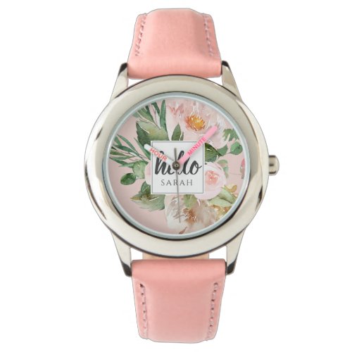 Modern Watercolor Pink Flowers  Hello  Name Watch