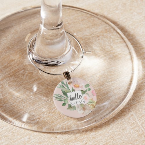 Modern Watercolor Pink Flowers  Hello  Name Wine Charm