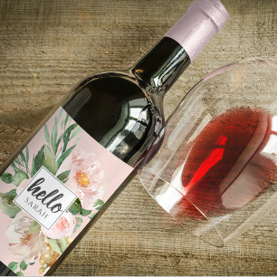 Modern Watercolor Pink Flowers & Hello & Name Wine Label