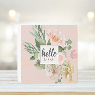 Modern Watercolor Pink Flowers & Hello & Name Wooden Box Sign