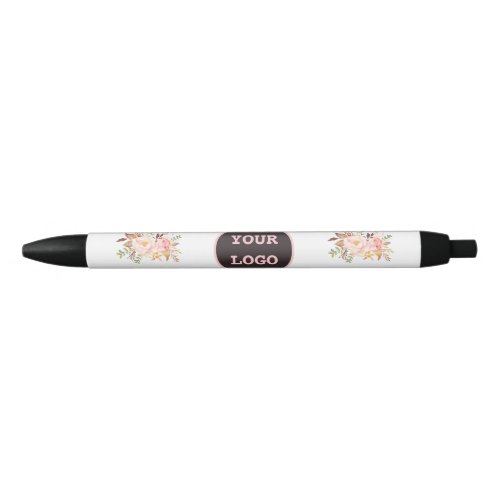 Modern Watercolor Pink Flowers Logo Black Ink Pen
