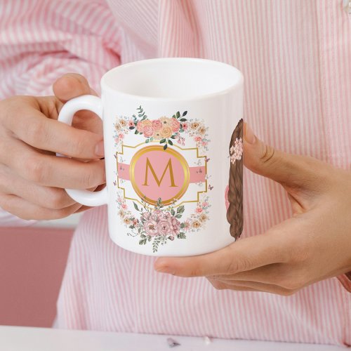 Modern Watercolor Pink Flowers M Monogram for her Coffee Mug