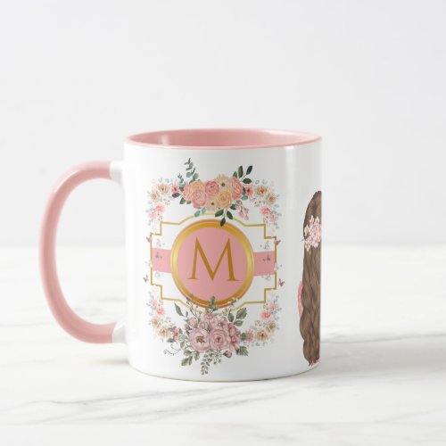 Modern Watercolor Pink Flowers M Monogram for her Mug
