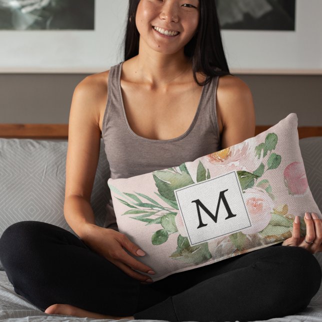 Modern Watercolor Pink Flowers Monogrammed  Accent Pillow (Creator Uploaded)
