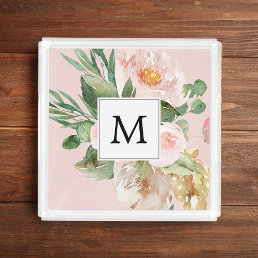 Modern Watercolor Pink Flowers Monogrammed  Acrylic Tray
