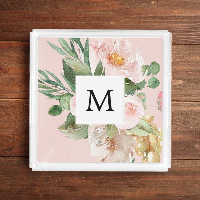 Modern Watercolor Pink Flowers Monogrammed  Acrylic Tray (Creator Uploaded)