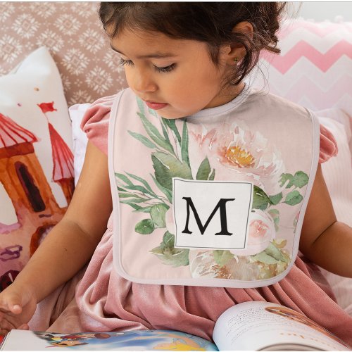 Modern Watercolor Pink Flowers Monogrammed  Baby Bib