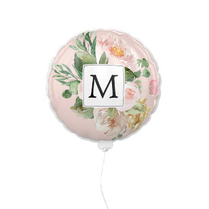 Modern Watercolor Pink Flowers Monogrammed Balloon