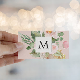 Modern Watercolor Pink Flowers Monogrammed Business Card