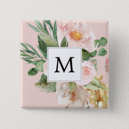 Modern Watercolor Pink Flowers Monogrammed  Button