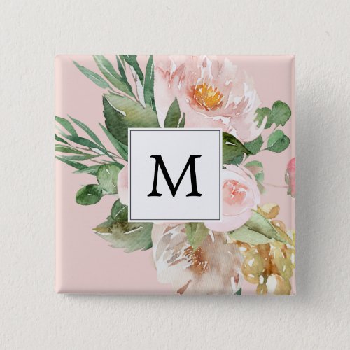 Modern Watercolor Pink Flowers Monogrammed  Button