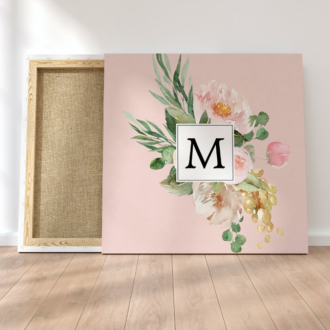 Modern Watercolor Pink Flowers Monogrammed  Canvas Print (Creator Uploaded)