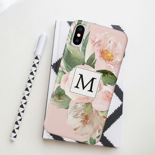 Modern Watercolor Pink Flowers Monogrammed  iPhone XS Case