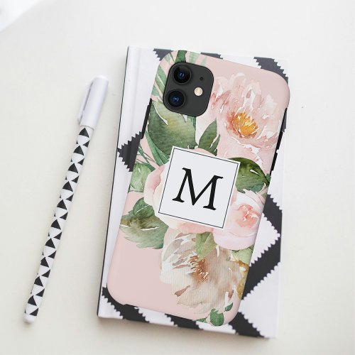 Modern Watercolor Pink Flowers Monogrammed  iPhone 11 Case