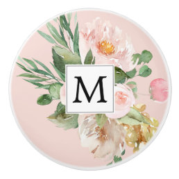 Modern Watercolor Pink Flowers Monogrammed  Ceramic Knob