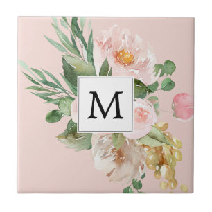 Modern Watercolor Pink Flowers Monogrammed  Ceramic Tile