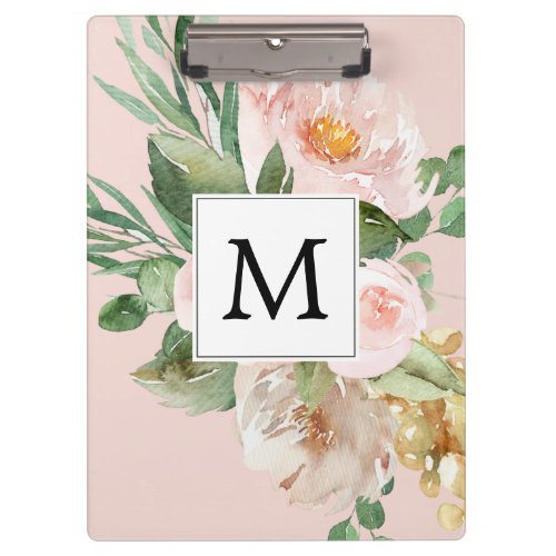 Modern Watercolor Pink Flowers Monogrammed  Clipboard